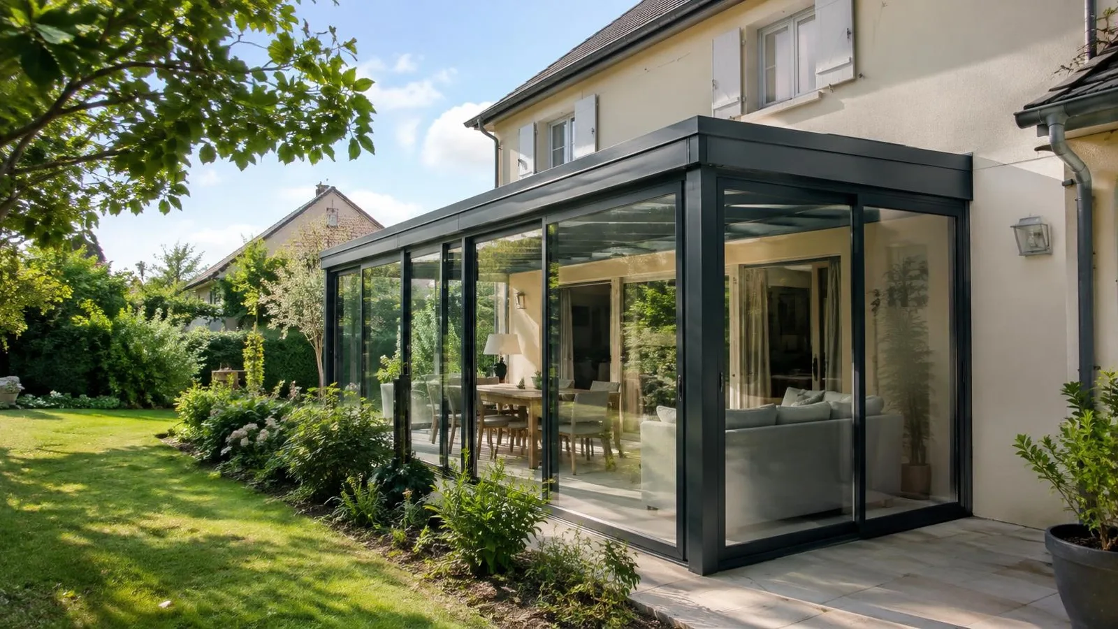 Prix d'une véranda : combien prévoir selon le modèle — L'Observatoire Véranda Véranda aluminium avec toiture vitrée accolée à une maison